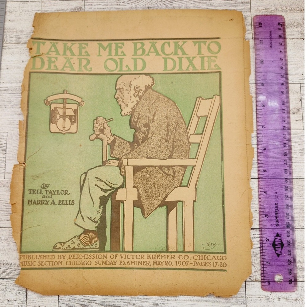 1907 Dear Old Dixie Southern Ballad Gentleman‎ with Cane Antique Sheet Music